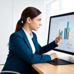 A focused professional content strategist, female, dressed in a modest business blazer and smart trousers, seated at a sleek modern desk. She is meticulously analyzing data on a large, high-resolution monitor and a tablet, with subtle graphs and charts visible on the screens. The office environment is contemporary, well-lit, and minimalist, with a soft blur in the background. The lighting is professional studio quality. The subject displays perfect anatomy, correct proportions, natural pose, well-formed hands, and proper finger count. This image is safe for work, appropriate content, fully clothed, and professional. High-resolution, crisp focus, vibrant colors.