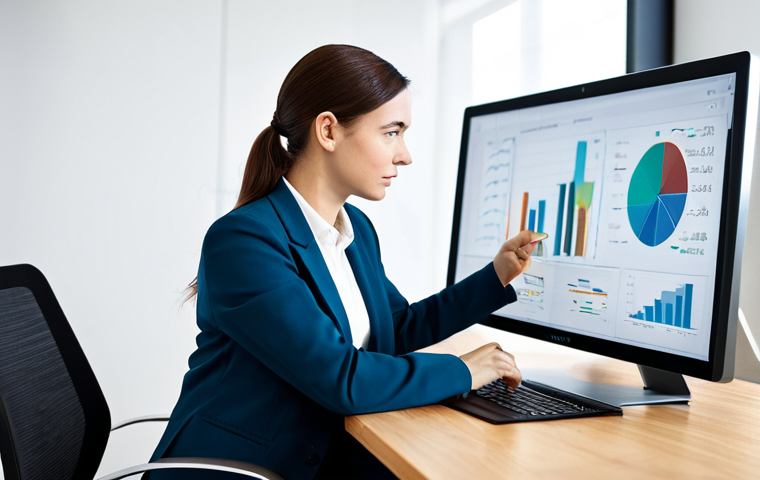 A focused professional content strategist, female, dressed in a modest business blazer and smart trousers, seated at a sleek modern desk. She is meticulously analyzing data on a large, high-resolution monitor and a tablet, with subtle graphs and charts visible on the screens. The office environment is contemporary, well-lit, and minimalist, with a soft blur in the background. The lighting is professional studio quality. The subject displays perfect anatomy, correct proportions, natural pose, well-formed hands, and proper finger count. This image is safe for work, appropriate content, fully clothed, and professional. High-resolution, crisp focus, vibrant colors.