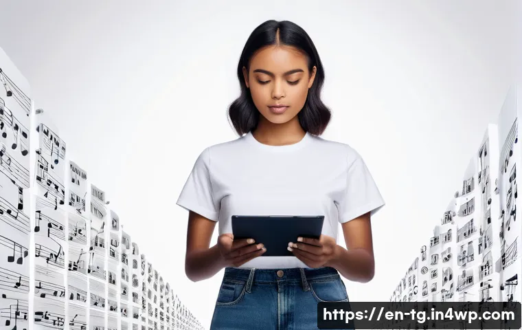 숏폼 콘텐츠 제작 시 주의해야 할 저작권 문제 - A focused young female short-form video creator, wearing a stylish but modest outfit consisting of h...