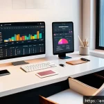 Home 22 숏폼 콘텐츠의 효과적인 배포 전략 - A modern digital content creator’s workspace showing a large monitor displaying social media analyti...