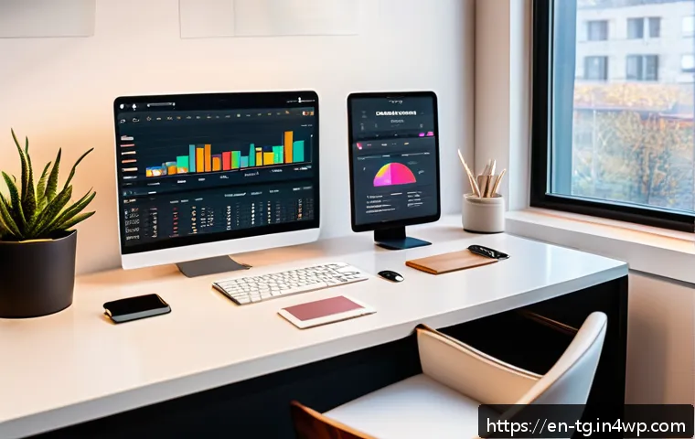 숏폼 콘텐츠의 효과적인 배포 전략 - A modern digital content creator’s workspace showing a large monitor displaying social media analyti...